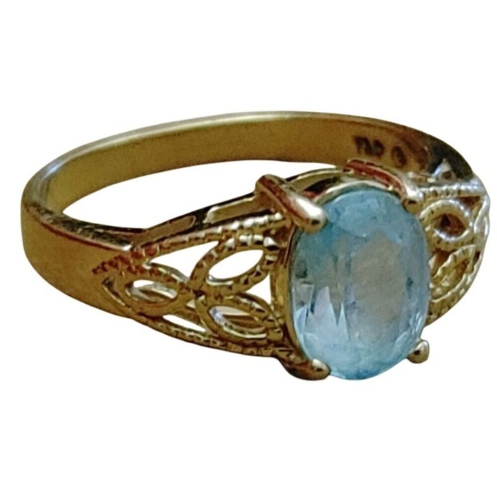 Gold Ring 14K Yellow Blue Aquamarine 8mm Quartz Gemstone Vintage Size 6.25